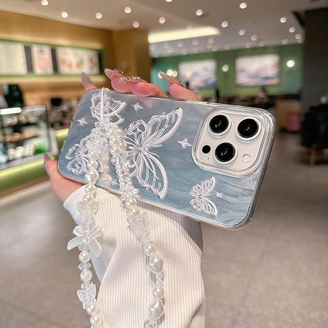 for iPhone 16 Plus Case, [Glitter Butterfly Pattern Print][Stylish Design with Bracelet Wrist Strap] PC+TPU Shockproof and Anti-Drop Case for Women and Girls