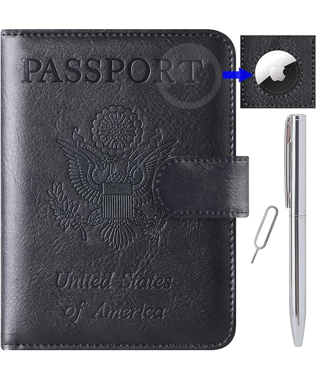 Airtag Passport Holder Cover Wallet Travel Essentials Leather RFID Blocking Case Vacation Luggage Must Haves Travel Accessories for Men Women (117#Black)