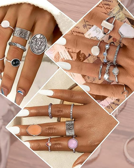 Subiceto 70 Pcs Vintage Crystal Ring Set Knuckle Rings for Women Bohemian Stackable Joint Rings Retro Boho Stacking Joint Finger Rings Pack