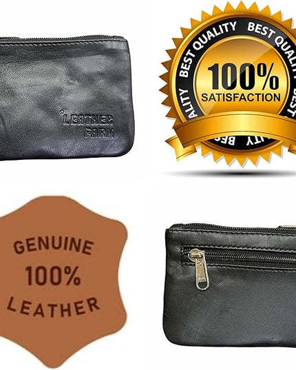 LEATHER FARM's lambskin leather coin pouch/coin purse for both mens and womens. (BLACK)
