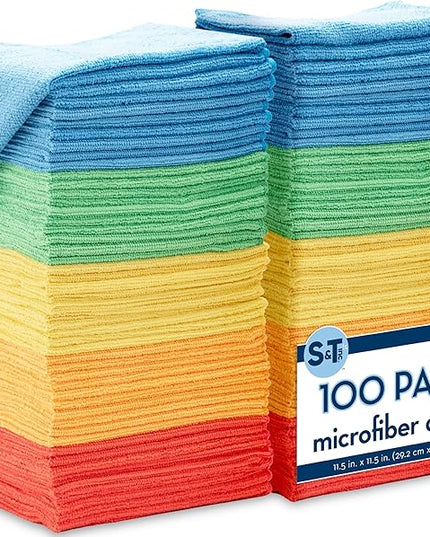 S&T INC. 100 Pack Microfiber Cleaning Cloth, Bulk Towels for Home, Reusable Microfiber Towels for Cars, Cleaning Rags, Assorted, 11.5 Inches x 11.5 Inches, 100 Count