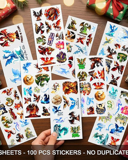 100 PCS Magic Dragon Stickers Pack, Fantasy Vinyl Decals Fire Ice Water Earth Light Dark Dragons, Aesthetic Mythical Dragons Art for Adults, Scrapbooking, Laptops, Water Bottles