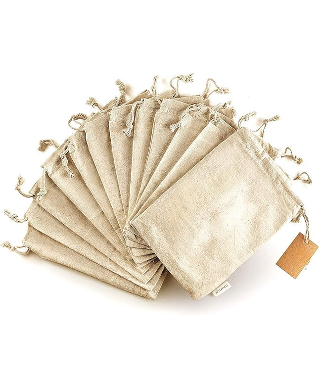LEAFICO Organic Cotton Reusable Produce Bags - Small 5x7 (12 Pack) - Biodegradable Eco-Friendly Bulk Bin Sacks for Food - Cloth Bags with Drawstrings - Linen Pouch for Fruit, Vegetable Storage