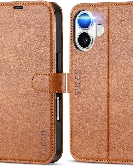 TUCCH Case for iPhone 16 Case Wallet, [TPU Shockproof Inner Shell], Kickstand PU Leather [RFID Blocking] 4 Card Holder Magnetic Stand Protective Cover Compatible with iPhone 16 5G, Light Brown