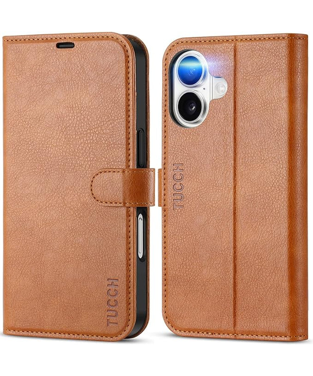 TUCCH Case for iPhone 16 Case Wallet, [TPU Shockproof Inner Shell], Kickstand PU Leather [RFID Blocking] 4 Card Holder Magnetic Stand Protective Cover Compatible with iPhone 16 5G, Light Brown