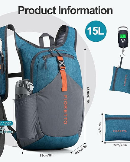 FIORETTO 15L Hiking Backpack for Women Men Mini Packable Backpack Lightweight Small Daypack for Camping Travel Outdoor, Turquoise