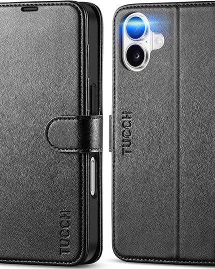TUCCH Compatible with iPhone 16 Wallet Case, RFID Blocking 4 Card Holder Kickstand [Shockproof TPU Interior Shell], PU Leather Magnetic Closure Protective Flip Phone Cover, Black