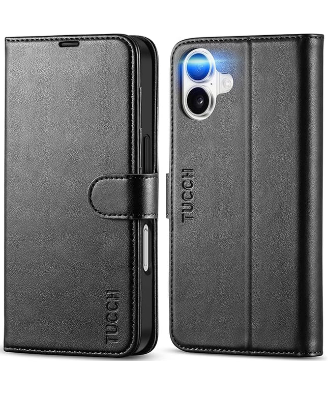 TUCCH Compatible with iPhone 16 Wallet Case, RFID Blocking 4 Card Holder Kickstand [Shockproof TPU Interior Shell], PU Leather Magnetic Closure Protective Flip Phone Cover, Black