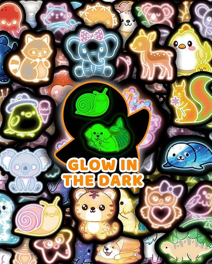 70 Pcs Cartoon Animal Water Bottle Stickers for Kids, Glow in The Dark Cute Neon Vinyl Laptop Decals, Teens Girls Boys Adults Phone Case Skateboard Luggage Decor