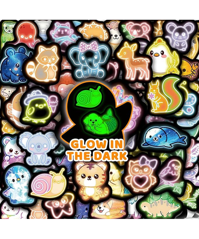 70 Pcs Cartoon Animal Water Bottle Stickers for Kids, Glow in The Dark Cute Neon Vinyl Laptop Decals, Teens Girls Boys Adults Phone Case Skateboard Luggage Decor