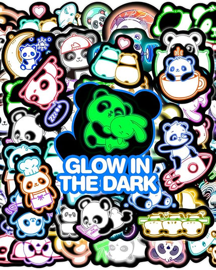 Glow in The Dark Neon Panda Water Bottle Stickers for Kids，75 Pcs Cartoon Animal Vinyl Laptop Decals, Teens Girls Boys Adults Phone Case Skateboard Luggage Decor