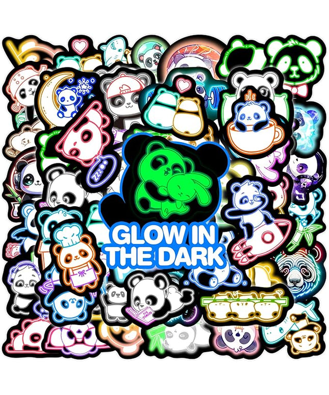 Glow in The Dark Neon Panda Water Bottle Stickers for Kids，75 Pcs Cartoon Animal Vinyl Laptop Decals, Teens Girls Boys Adults Phone Case Skateboard Luggage Decor