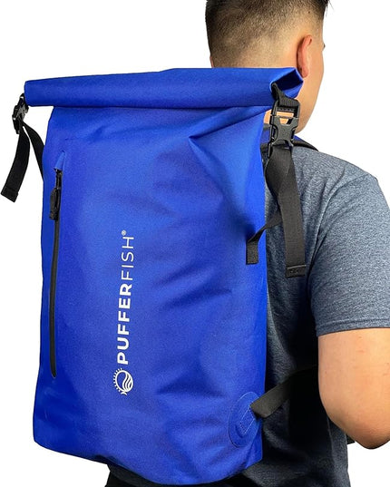 PUFFERFISH Super Sand Bag - Waterproof Roll-Top Beach Backpack, Padded Back and Straps, Multiple Pockets, Recycled Plastic, 35L, Blue