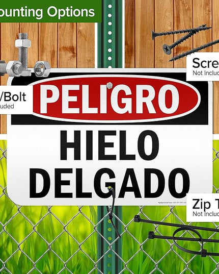 Danger Thin Ice Spanish Sign, 12x18 Inches, 3M EGP Reflective .063 Aluminum, Fade Resistant, Made in USA by My Sign Center