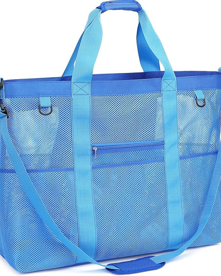 Mesh Beach Bag, Large Beach Tote with Zipper Pocket, Toys Pool Bag for Family Travel Vacation Cruise Essentials