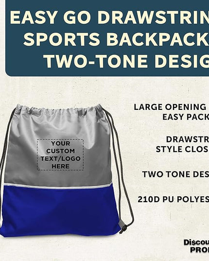 DISCOUNT PROMOS Custom Easy Go Drawstring Backpack Set of 10/50/100, Personalized Bulk Pack - Great for Travelling, Gym and for Everyday Use - Blue