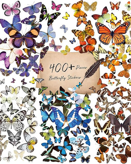 400+ PCS Realistic Butterfly Stickers, Self-Adhesive PVC Vintage Butterfly Stickers for Scrapbook, Laptop, Journal, DIY Project, Window, Envelope Spring Themed Party Decors