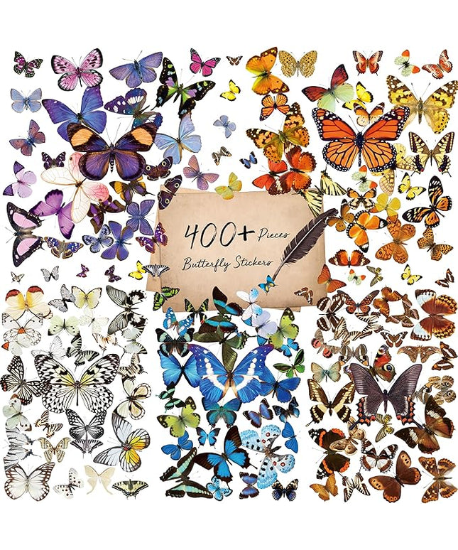 400+ PCS Realistic Butterfly Stickers, Self-Adhesive PVC Vintage Butterfly Stickers for Scrapbook, Laptop, Journal, DIY Project, Window, Envelope Spring Themed Party Decors