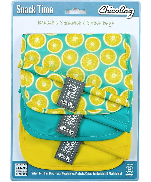 ChicoBag Snack Time rePETe Reusable Sandwich Bags w/Secure Hook & Loop | Perfect for Sandwiches & Snacks | Eco-Conscious Baggies | Easy to Clean | Lemon Pattern (Pack of 3)