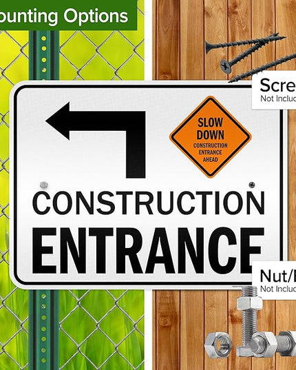 Slow Down Construction Entrance Ahead With Left Arrow Sign, 18x24 Inches, 3M EGP Reflective .080 Aluminum, Fade Resistant, Made in USA by My Sign Center