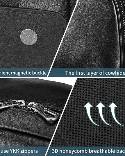 Men's Black Leather Backpack for Work Travel, Durable Genuine Leather Laptop Backpack with 15.6-inch Computer Compartment, Stylish Professional Designer