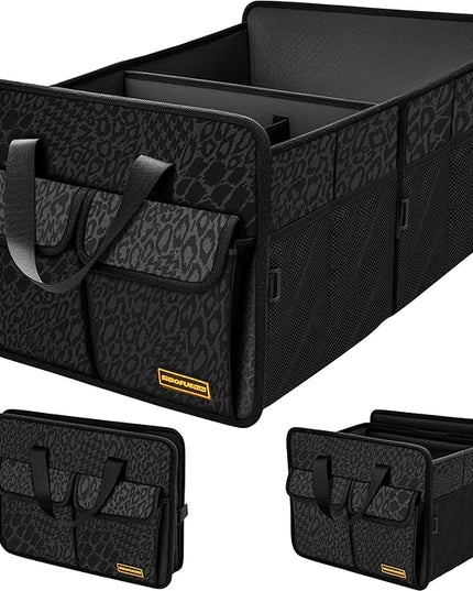 Sturdy Car Trunk Organizer – Large Capacity Trunk Organizer for SUVs & Sedans, Hard-Shell One-Piece Design with Cute Print, Collapsible and Durable Car Organizers (Black Leopard 70L)