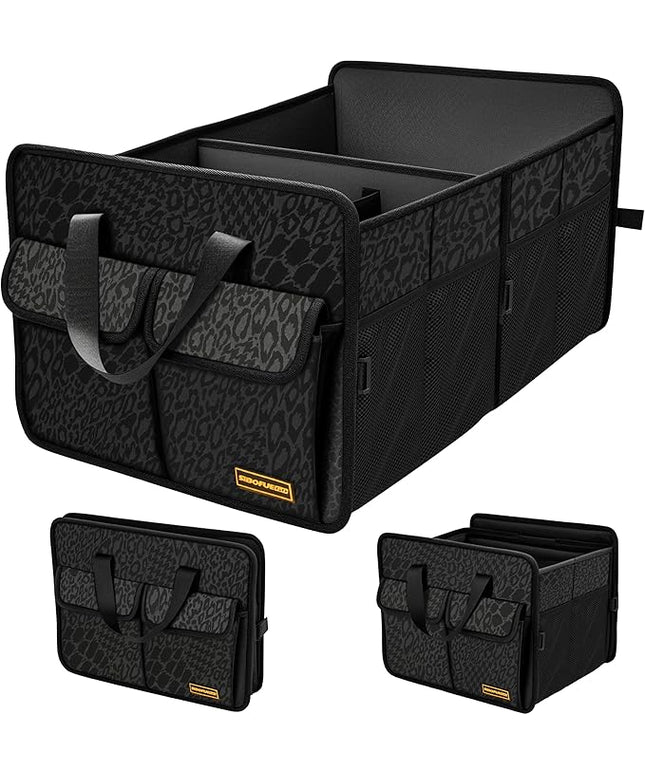 Sturdy Car Trunk Organizer – Large Capacity Trunk Organizer for SUVs & Sedans, Hard-Shell One-Piece Design with Cute Print, Collapsible and Durable Car Organizers (Black Leopard 70L)