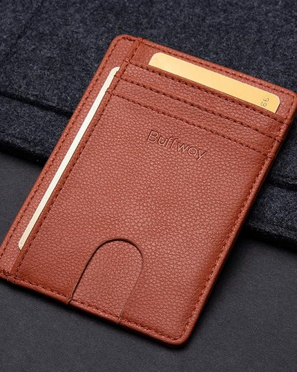 Buffway Slim Minimalist Front Pocket RFID Blocking Leather Wallets for Men and Women - Lichee Light Brown