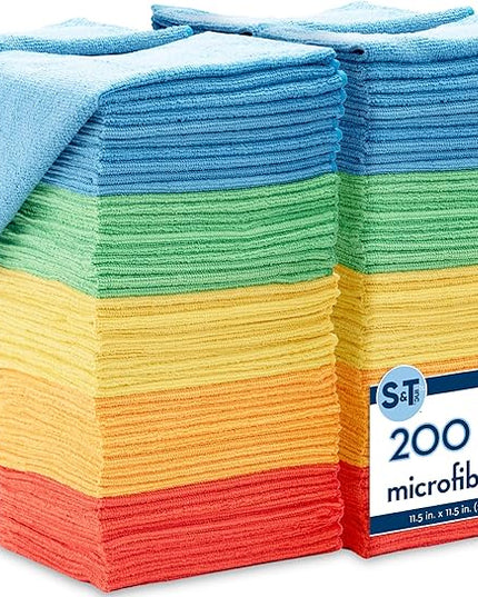 S&T INC. 200 Pack Microfiber Cleaning Cloth, Bulk Towels for Home, Reusable Microfiber Towels for Cars, Cleaning Rags, Assorted, 11.5 Inches x 11.5 Inches, 200 Count