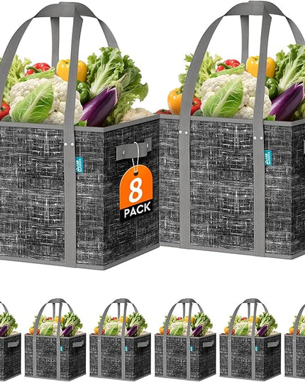 Fab totes Reusable Grocery Bags, Large Foldable Shopping Tote Bags with Reinforced Handles & Hard Bottom,Water Resistant Grocery Bags for kitchen,Picnic,8 Pack, Black