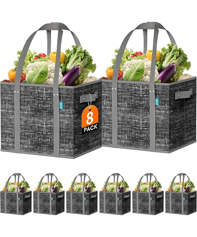 Fab totes Reusable Grocery Bags, Large Foldable Shopping Tote Bags with Reinforced Handles & Hard Bottom,Water Resistant Grocery Bags for kitchen,Picnic,8 Pack, Black