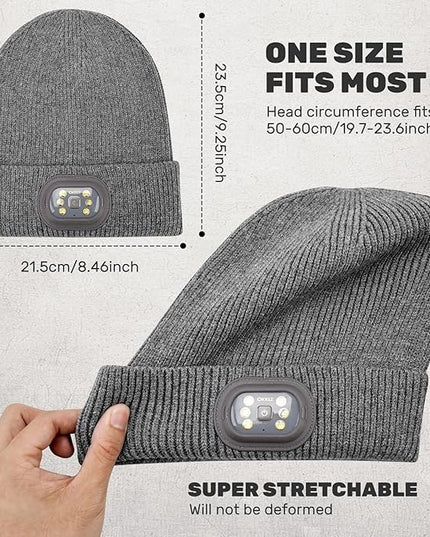 OKKLE Unisex LED Beanie with Light, USB Rechargeable Headlamp Hat, Winter Gifts for Men Women Husband Him Grey