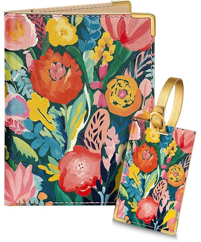 Slohif Passport Holder Lugguage Tag Set Suitcase Cover Wallet Case for Travel Women - Leather Passport Book Personalized Organizer Card Protector Sleeve Essentials Slim Carrier Flower