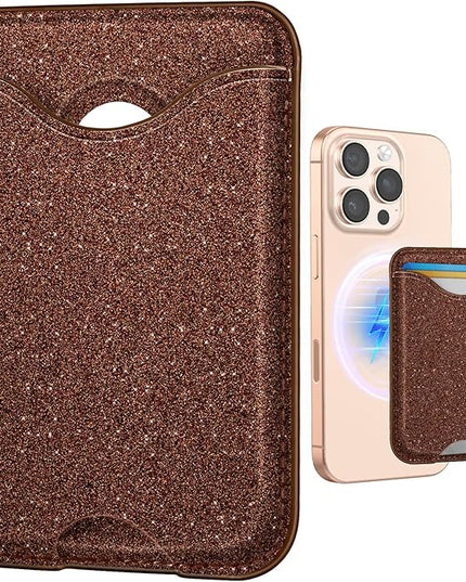 Shorogyt Compatible with Magsafe Wallet Magnetic Card Holder - Glitter Brown Phone Wallets for Women Teen Girls Fashion for iPhone 16/15/14/13/12 Series Slim for Apple Mag RFID Magnet, Fit 3 Cards