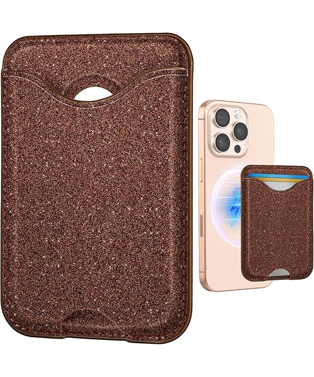 Shorogyt Compatible with Magsafe Wallet Magnetic Card Holder - Glitter Brown Phone Wallets for Women Teen Girls Fashion for iPhone 16/15/14/13/12 Series Slim for Apple Mag RFID Magnet, Fit 3 Cards