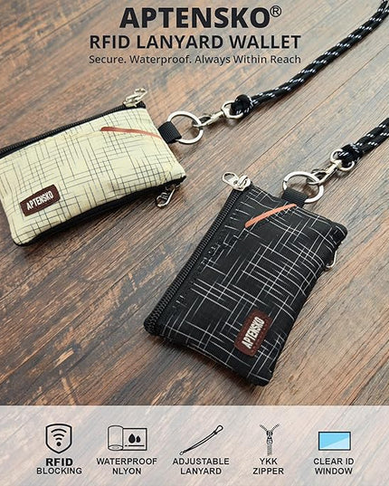 RFID Blocking Travel Wallet with Adjustable Lanyard, Small Nylon Zipper Pouch and Badge Holder for ID, Credit Cards, Cash, Keys, Commuters (BlackCrosshatch)