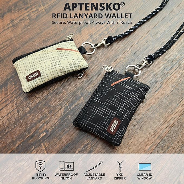 RFID Blocking Travel Wallet with Adjustable Lanyard, Small Nylon Zipper Pouch and Badge Holder for ID, Credit Cards, Cash, Keys, Commuters (BlackCrosshatch)