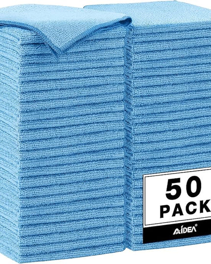 AIDEA Microfiber Cleaning Cloth, 50PK, Blue Shop Rags, Microfiber Towels for Cars, Dusting Cloth Lint Free Rags, Absorbent Towels for SUVs, House, Kitchen, Mechanic, Workshops, 12"×12"