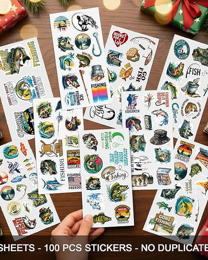 Fishing Stickers Pack 100 PCS Funny Fish Sticker Waterproof Vinyl for Water Bottles, Scrapbook, Tackle Box, Gift for Men, Son, Adult, Teen Car Birthday Gifts Decal
