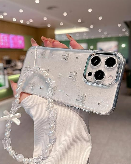 for iPhone 13 Case, [Premium 3D Silver Bow Pattern] [Transparent Creative Case] [2-in-1 Beaded Wrist Strap] Soft TPU Shockproof for Women and Girl
