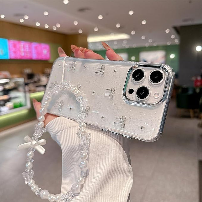 for iPhone 14 Case, [Premium 3D Silver Bow Pattern] [Transparent Creative Case] [2-in-1 Beaded Wrist Strap] Soft TPU Shockproof for Women and Girl