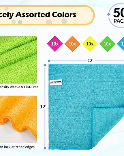 FIXSMITH Microfiber Cleaning Cloth, 50 Pack Cleaning Rags, Cleaning Towels for Housekeeping, Kitchen, Car, Lint-Free, Reusable Shop Towels with 5 Colors (Green/Blue/Yellow/Orange/Pink), 12"X12"