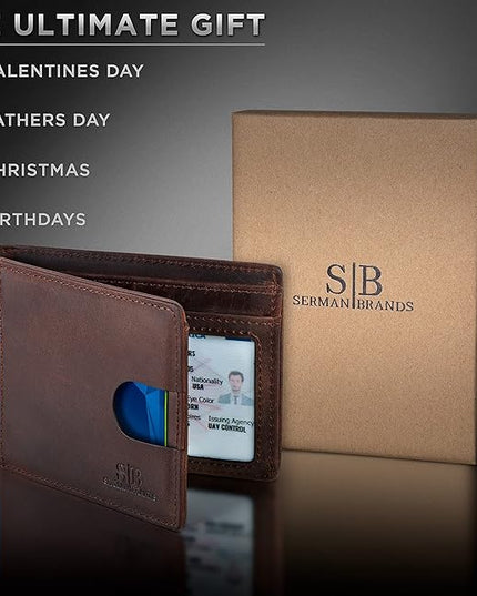 SERMAN BRANDS RFID Blocking Slim Bifold Genuine Leather Thin Minimalist Front Pocket Wallets for Men Billfold Wallet Men Gift