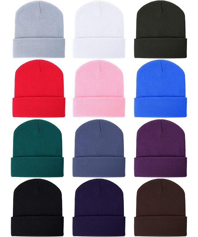 Zhanmai 12 Pack Small Winter Beanie Hats Bulk Warm Knitted Cuffed Skull Cap for Men Women