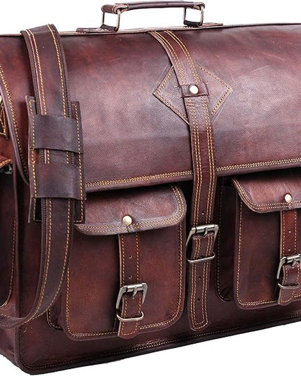 Vintage Leather Laptop Bag for Men Full Grain Large Leather Messenger bag for men 18 inches with rustic look Brown briefcase (Brown)