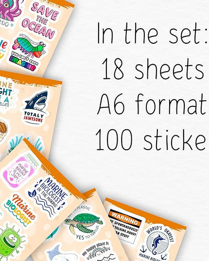 100Pcs Marine Biology Stickers for Scrapbooking, for Luggage, for Water Bottle - Marine Biology Party Supplies & Decorations - Ocean Life Stickers and Decals - Gifts for Women & Men