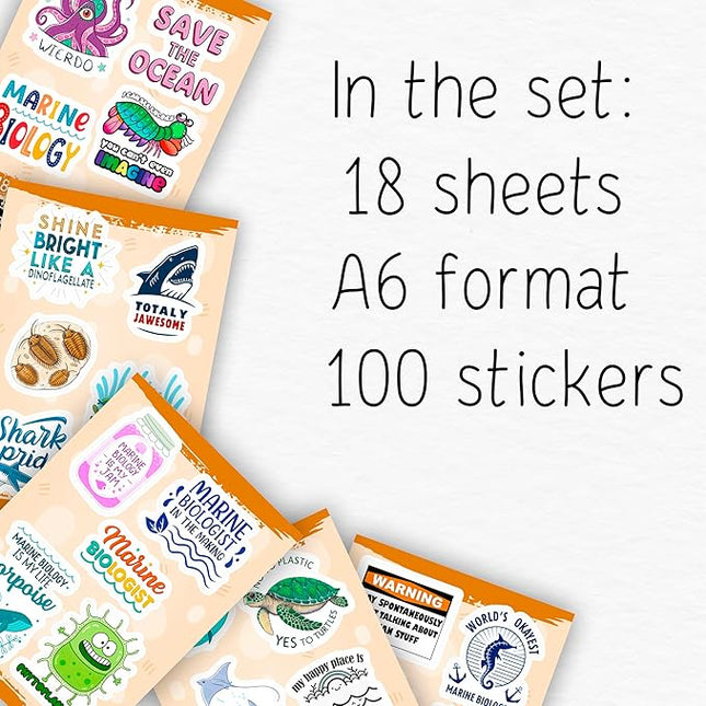 100Pcs Marine Biology Stickers for Scrapbooking, for Luggage, for Water Bottle - Marine Biology Party Supplies & Decorations - Ocean Life Stickers and Decals - Gifts for Women & Men