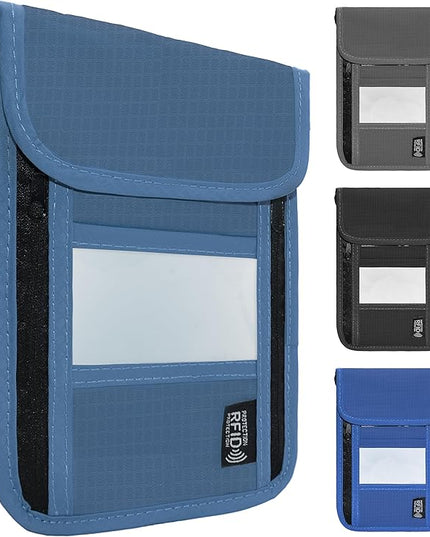 Travel Neck Wallet with RFID Blocking – Passport Holder Organizer Neck Pouch – Portable Easy to Conceal Travel Pouch (PVC Dark Blue)