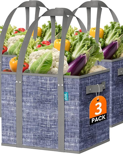 Fab totes Reusable Grocery Bags, Large Foldable Shopping Tote Bags with Reinforced Handles & Hard Bottom,3 Pack,Blue