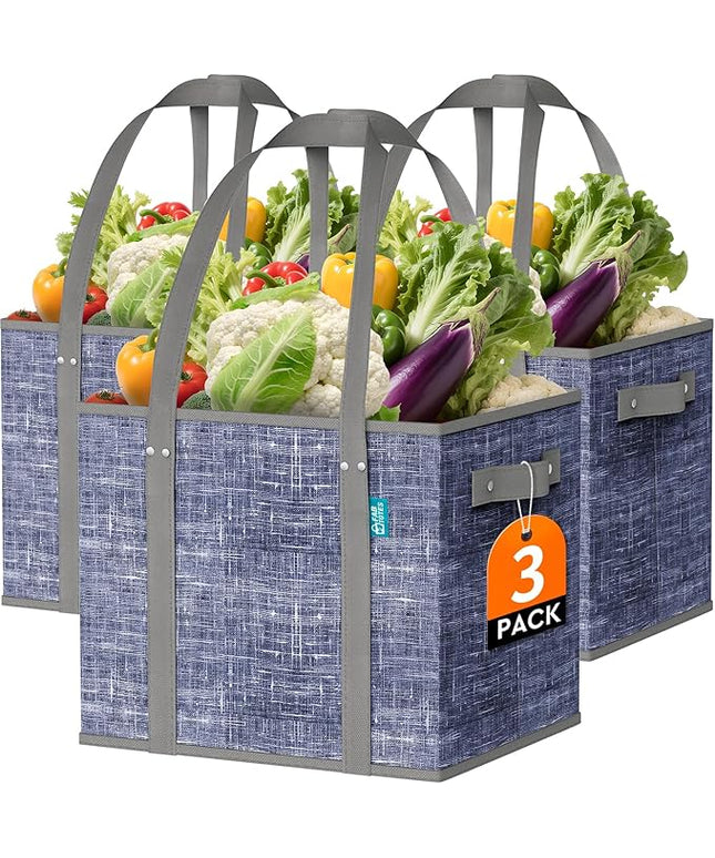 Fab totes Reusable Grocery Bags, Large Foldable Shopping Tote Bags with Reinforced Handles & Hard Bottom,3 Pack,Blue